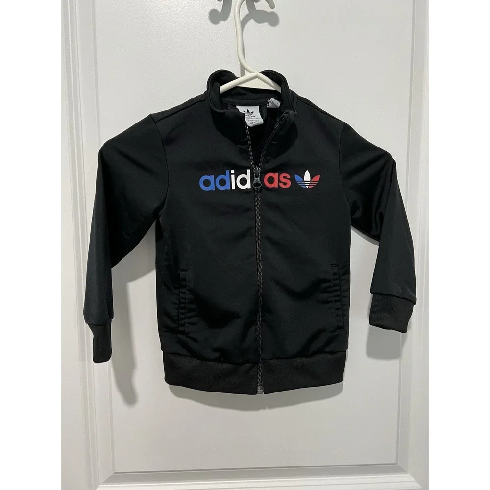 ✨‎ Adidas Track Suit Jacket Toddler Kids Black Size 4T Red White Blue Logo